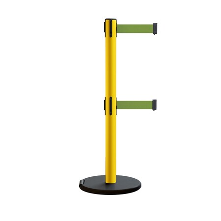 Montour Line Retractable Belt Dbl Rolling Stanchion, 2.5ft Yellow Post  11ft. Olive P400DRL-YW-OL-110